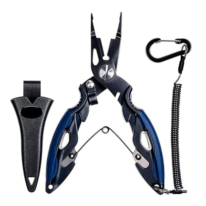 7.5" 420 Stainless Steel Fishing Pliers - Uni-Body Construction, Lightweight Corrosion-Resistant Fishing Tool with Multi-Function Jaws, Braid Cutters, Sheath, Lanyard & Carabiner (blue) - color: Blue
