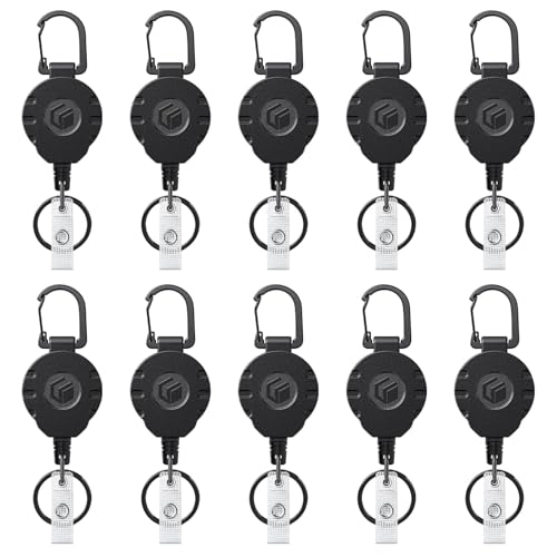 Uniclife 10 Pack Retractable Keychain Heavy Duty Carabiner Badge Holder Tactical ID Badge Reel for up to 8 oz with Stainless Steel 31.5 Inch Steel Wire Rope Retractable Lanyard Clip and Key Ring - color: Black, size: 10 Pack