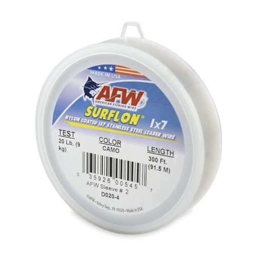 American Fishing Wire Surflon Nylon Coated 1x7 Stainless Steel Wire Leader - Wire Fishing Leader Line for Saltwater 10lb Up To 250lb Test in Bright, Black, Camo in 30ft, 100ft, 300ft, & 1000ft Lengths - color: Camo, style: 300 Feet, 20 Pound Test