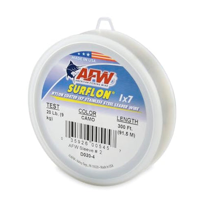 American Fishing Wire Surflon Nylon Coated 1x7 Stainless Steel Wire Leader - Wire Fishing Leader Line for Saltwater 10lb Up To 250lb Test in Bright, Black, Camo in 30ft, 100ft, 300ft, & 1000ft Lengths - color: Camo, style: 300 Feet, 20 Pound Test