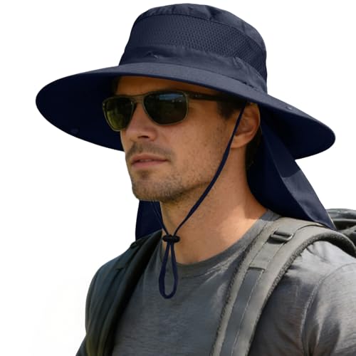 ZOORON Sun Hats for Men Women Fishing Hat with Neck Flap,UPF 50+ Sun Hat Waterproof Wide Brim Bucket Hats for Safari Hiking - color: 1-navy Blue(neck Flap)