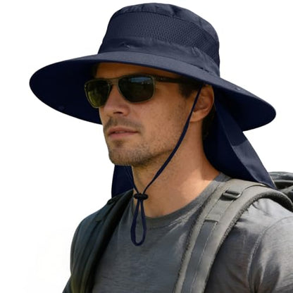 ZOORON Sun Hats for Men Women Fishing Hat with Neck Flap,UPF 50+ Sun Hat Waterproof Wide Brim Bucket Hats for Safari Hiking - color: 1-navy Blue(neck Flap)