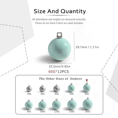 Lead Free Fishing Weights Sinkers 20g-200g Coated Egg Sinkers Cannonball Weights Assorted Sizes Bag and Fishing Weights Assortment Box Non-Lead Fishing Weights Saltwater Freshwater - style: 60g(2.11oz)-12pcs