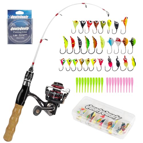 QualyQualy Ice Fishing Rod Reel Combo Complete Set Ice Fishing Gear with Backpack Seat Ice Cleats Ice Fishing Jigs Line Full Ice Fishing Kit 24" 26" - style: 24" Fishing Rod Combo 52pcs
