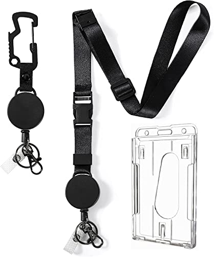 DELSWIN Heavy Duty Retractable Lanyard - Breakaway Lanyards for ID Badges Keys, Retractable Keychain with Upgraded Carabiner, Key Ring, and 2-Card Thumb-Slot Badge Holder, 8 oz Retraction - color: Matte Black - Lanyard