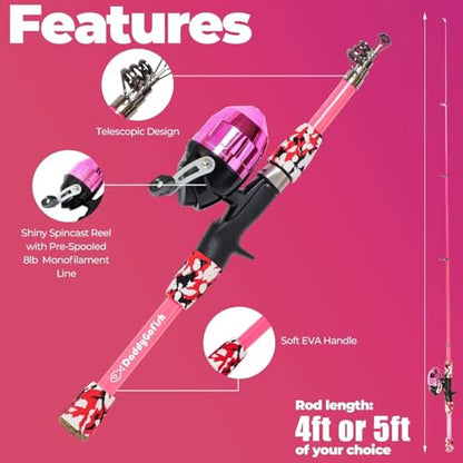 DaddyGoFish Kids Fishing Pole - Rod Reel Combo Tackle Box Starter Set - First Year Small Gear Kit for Boys Girls Toddler Youth Age Beginner Little Children - color: Pink (Essential Set), size: 5ft