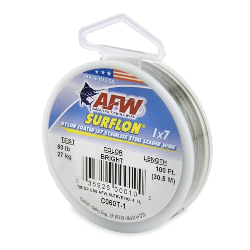 American Fishing Wire Surflon Nylon Coated 1x7 Stainless Steel Wire Leader - Wire Fishing Leader Line for Saltwater 10lb Up To 250lb Test in Bright, Black, Camo in 30ft, 100ft, 300ft, & 1000ft Lengths - color: Bright, style: 100 Feet, 60 Pound Test