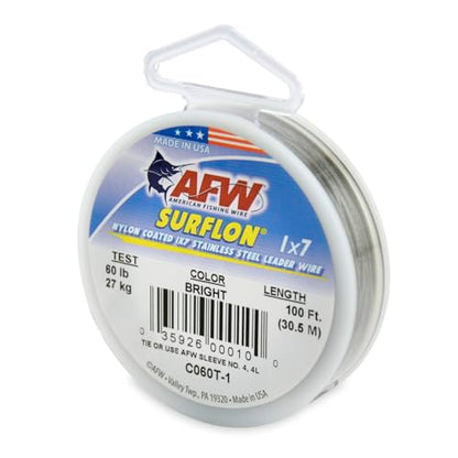 American Fishing Wire Surflon Nylon Coated 1x7 Stainless Steel Wire Leader - Wire Fishing Leader Line for Saltwater 10lb Up To 250lb Test in Bright, Black, Camo in 30ft, 100ft, 300ft, & 1000ft Lengths - color: Bright, style: 100 Feet, 60 Pound Test