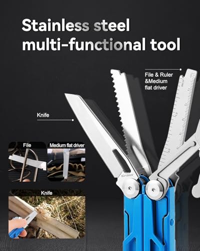 15-in-1 Multitool Pliers, Blue, Stainless Steel | with Sheath - color: Blue