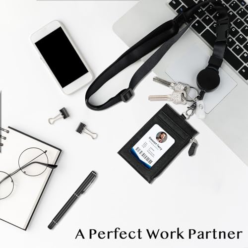 DELSWIN Badge Holder with Retractable Lanyard, PU Leather ID Badge Card Holder with 1 ID Window, 4 Card Slots, 1 Side Zipper Pocket, and Adjustable Neck Strap - color: Leather - Badge Holder With Lanyard