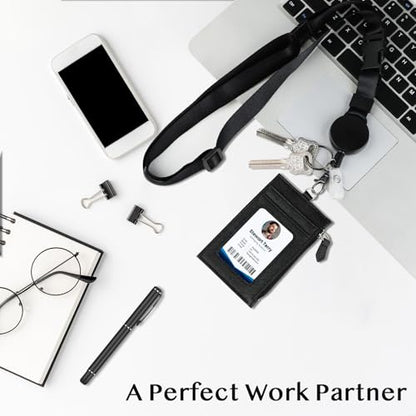 DELSWIN Badge Holder with Retractable Lanyard, PU Leather ID Badge Card Holder with 1 ID Window, 4 Card Slots, 1 Side Zipper Pocket, and Adjustable Neck Strap - color: Leather - Badge Holder With Lanyard