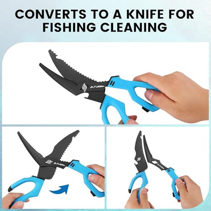 FLISSA 10" Fishing Scissors, Stainless Steel Detachable Kitchen Scissors, Fishing Shears with Fin Clipper & Fish Scaler, Non-Slip Grip, Protective Sheath