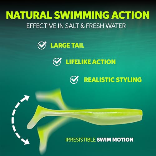Soft Plastic Paddle Tail Swimbaits – 3 1/4", 4" & 5" Soft Plastic Fishing Lures with Extra-Large Tail for Lifelike Swimming Action – Freshwater & Saltwater - color: Electric Green, size: 4 Inch - 12 Pack