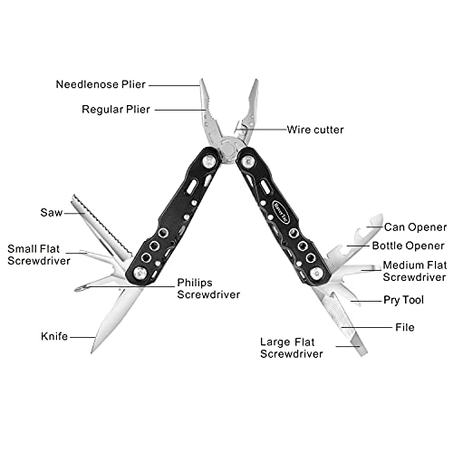 RoverTac Multitool Pliers Pocket Knife, 14 in 1 Multi Tool Knife Pliers Saw Bottle Opener Safety Lock Nylon Sheath, Camping Hiking Gear Multitool for Camping Survival Hiking DIY, Gifts for Men Dad - color: Black