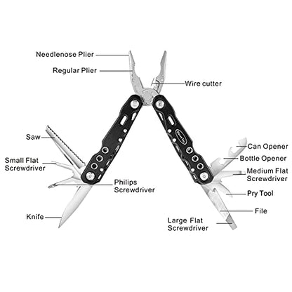 RoverTac Multitool Pliers Pocket Knife, 14 in 1 Multi Tool Knife Pliers Saw Bottle Opener Safety Lock Nylon Sheath, Camping Hiking Gear Multitool for Camping Survival Hiking DIY, Gifts for Men Dad - color: Black