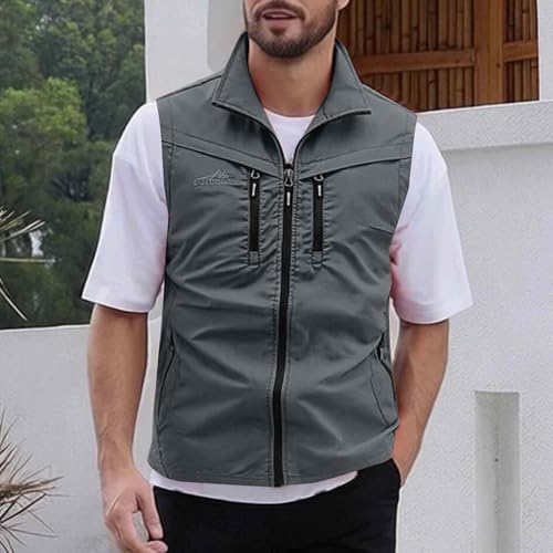 Men Fishing Vest Lightweight Outerwear Golf Running Sleeveless Jacket Travel Photo Utility Vest with Zipper Pockets - color: #02 Gray, size: X-Large