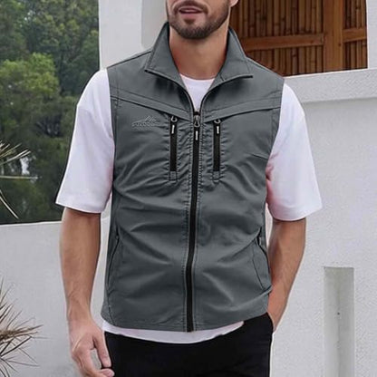 Men Fishing Vest Lightweight Outerwear Golf Running Sleeveless Jacket Travel Photo Utility Vest with Zipper Pockets - color: #02 Gray, size: 5X-Large