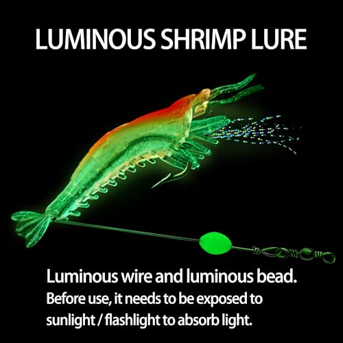 14Pcs Saltwater Fishing Lures Set with Box, 7 Colors Shrimp Lures Gear, Soft Artificial Shrimp Fishing Tackle with Luminous Sharp Hooks, Ocean Fishing Shrimp Bait for Saltwater and Freshwater