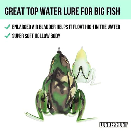 Lunkerhunt - Topwater Fishing Lures for Bass Trout Fishing | Combat Frog Lure for Big Fish | Award Winning Hollow Body Frog Fishing Bait with Weedless Hooks - color: Fox Trot