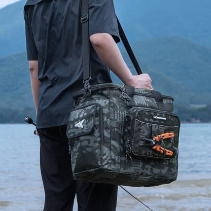 KastKing BaitSpace Fishing Tackle Bag With 4 Tackle Boxes & Removable Bait Binder, Water-Resistant Tackle Storage, Durable Fishing Gear, Adjustable Shoulder Strap - color: D: Black Camo, size: Large - 4*3600 Trays