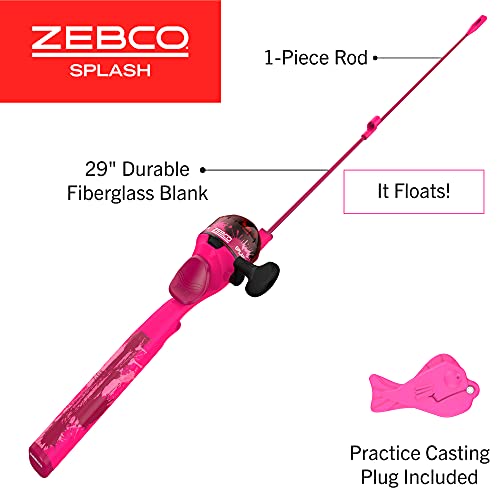 Zebco Splash Kids Spincast Reel and Fishing Rod Combo, 29" Durable Floating Fiberglass Rod with Tangle-Free Design, Oversized Reel Handle Knob, Pre-Spooled with 6-Pound Zebco Fishing Line