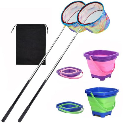2PCS Fishing Net with Bucket, Telescopic Fishing Landing Net, Collapsible Youth Sand Bucket, Youth Fish Butterfly Catching for Freshwater Saltwater Outdoor Activities - color: Blue + Purple