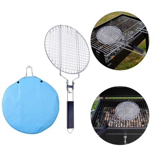 Angoily Grill Basket, Round BBQ Basket Vegetable Roasting Grilling Rack, Portable Stainless Steel Folding Fish Net, Removable Handle Meat Clamp, Outdoor Barbecue Campfire Cookware Accessories