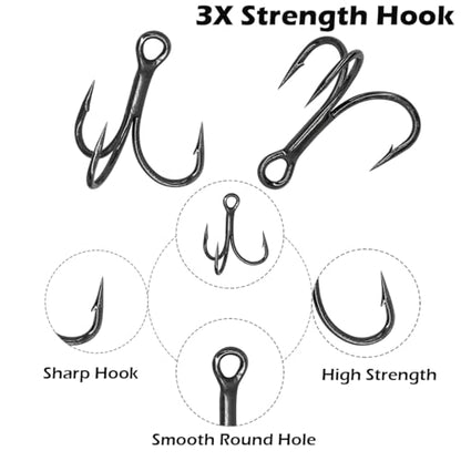 Fishing Treble Hooks Kit, Large Size High Carbon Steel Hooks 3X Strong Sharp Round Bend Hooks with Split Rings for Saltwater Freshwater Fishing 200pcs/Box Mixed 5 Size 2 4 6 8 10 - color: Black