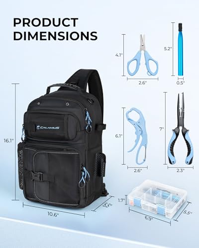 Calamus GearMaster Fishing Sling Tackle Bag & Tool Set, 3500 Tackle Box & Fishing Gear with Fishing lures, Fishing Pliers, Fishing Scissors, Lip Gripper, Wacky Tool