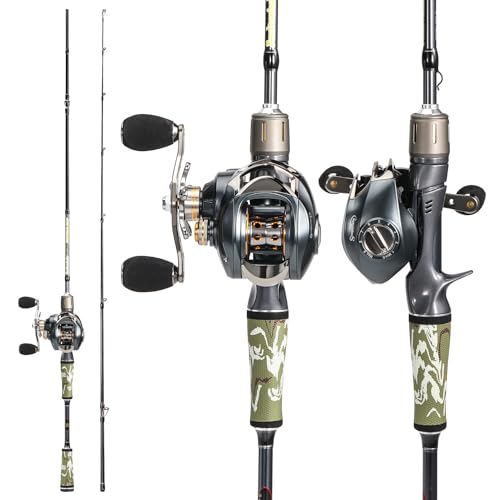 Sougayilang Baitcaster Combo for Freshwater and Inshore, 2 Piece 30Ton+24Ton Graphite Fishing Rod with SuperPolymer Handle, 7.0:1 Gear Ratio Baitcasting Reel, 11+1 Bearings, S Style Hook Keeper - color: Left hand-7'6''-Medium Heavy