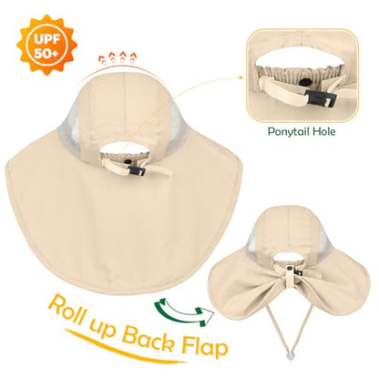 Kids Sun Hat UPF50+ Summer Beach Play Sun Protection Hats with Neck Flap for Ages 5~14 Girls Boys - color: Beige