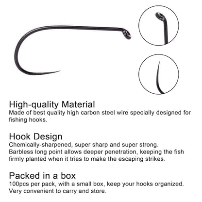 Eupheng Fly Fishing Hooks 100pc Pack Barbless Catch & Release Dry Wet Nymph Shrimp&Pupa, Streamer, Caddis, Jig, Scud Flies Fishing Hooks - color: EP Fly-C&R-DRY-0001, size: #12