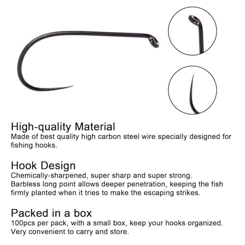 Eupheng Fly Fishing Hooks 100pc Pack Barbless Catch & Release Dry Wet Nymph Shrimp&Pupa, Streamer, Caddis, Jig, Scud Flies Fishing Hooks - color: EP Fly-C&R-DRY-0001, size: #14