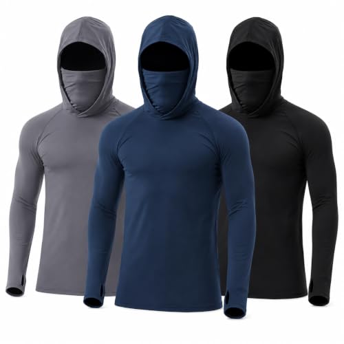 3 Pack Men's UPF 50+ Sun Protection Hoodies, Long Sleeve Moisture Wicking Shirts with Face Mask for Fishing - size: Small