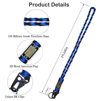 Heavy Duty Braided Paracord Lanyard Keychain with USA Flag, Parachute Rope Necklace Keychains, Braided Strong Lanyard - color: 2 Pcs Black-blue