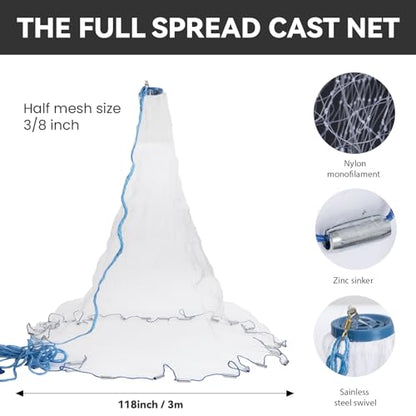 3 Pcs Foldable Fishing Net Accessories :Fishing Cast Net with Heavy Duty Real Zinc Sinker Weights丨 Fishing Landing Net with Telescoping Pole Handle 丨Crab Crayfish Shrimp Crab Trap