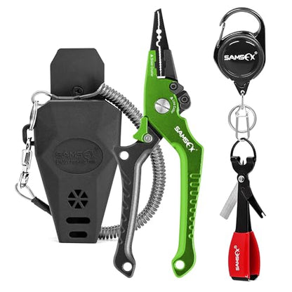 SAMSFX Aluminum Fishing Pliers Hook Remover Braid Line Cutter with Coiled Lanyard, Fly Fishing Knot Tying Tool & Retractors - color: Gray & Green Handle, Split Ring Nose