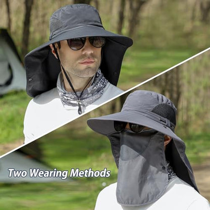 ALANDUO Wide Brim XXL Sun Hats for Men Big Head, UPF 50+ Fishing Sun Hat with Neck Face Flap, Safari Boonie Hat for Men Women - color: Dark Grey