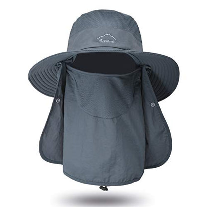Fishing Hat for Men Sun Protection Hat with Removable Mesh Face Neck Flap Cover Windproof Strap for Men and Women - color: Dark Grey