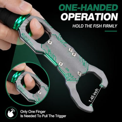 Fishing Lip Gripper, Lightweight Fish Control Grabber for Bass Fishing | Comes with built-in spring scale to weigh catches rapidly. 360° swivel prevents line tangling and fish struggling damage. - color: Green