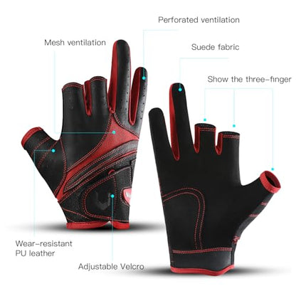 SUJAYU Fishing Gloves Men Women, Anti-Slip Suede Fabric Kayak Gloves, 3-Cut Fingers Fly Fishing Accessories - color: Black+Blue, size: Large-X-Large