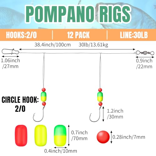 JellyArch 12 Pcs Pompano Rigs for Surf Fishing Offshore Surf Fishing Rigs Saltwater Gear Tackle with 2/0 Circle Hooks Double Circle Swivels Duo Lock Snaps - color: Mixed Colors