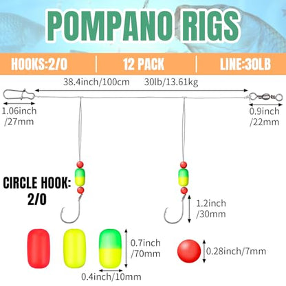 JellyArch 12 Pcs Pompano Rigs for Surf Fishing Offshore Surf Fishing Rigs Saltwater Gear Tackle with 2/0 Circle Hooks Double Circle Swivels Duo Lock Snaps - color: Mixed Colors