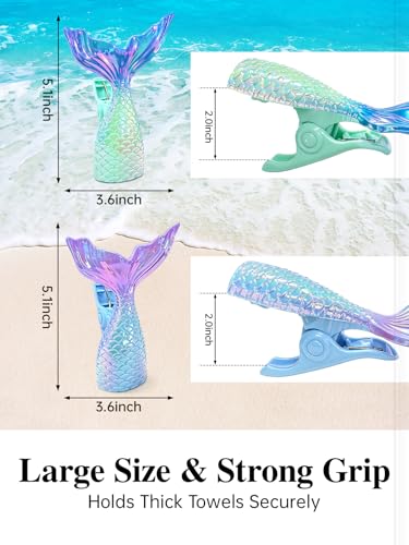 Beach Towel Clips, 4 Pack Dreamy Gradient Mermaid Tail Towel Clips for Beach Chairs, Windproof Beach Chair Clips for Beach, Cruise, Pool, Patio - style: Mermaid Tail