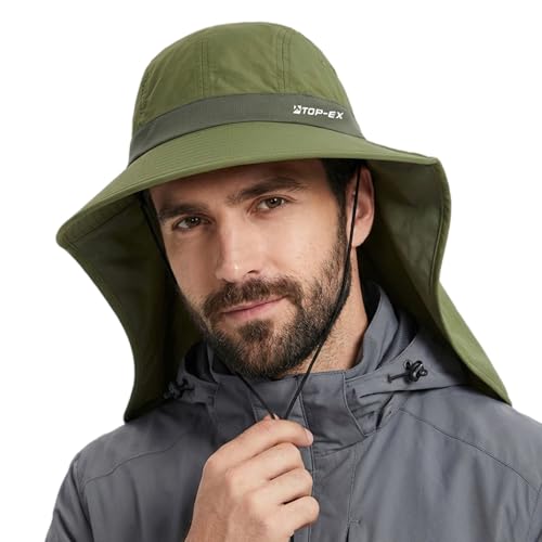 TOP-EX Cooling Sun Hat with Neck Flap – UPF 50+ Wide Brim Breathable Hat for Hiking, Fishing & Big Heads - color: Bronze Green, size: Large-X-Large