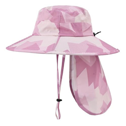 Sun Hats for Men Women Fishing Hat UPF 50+ Breathable Wide Brim Bucket Hats Summer UV Protection Safari Hat with Neck Flap - color: Camo Pink