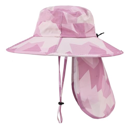 Sun Hats for Men Women Fishing Hat UPF 50+ Breathable Wide Brim Bucket Hats Summer UV Protection Safari Hat with Neck Flap - color: Camo Pink