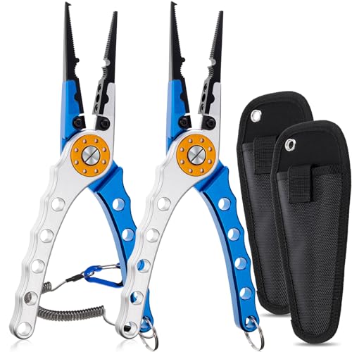 Lasnten 2 Pcs Fishing Pliers Saltwater Braid Cutters 7.8 Inch Fishing Hook Remover Split Ring Fishing Tools with Sheath and Lanyard Gear Gifts for Fish Line Cutting Boat Fly Ice Fishing Accessories - color: Blue, Silver