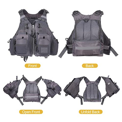 Lixada Fly Fishing Vest Fishing Jacket Breathable Polyester Mesh Design Fishing Vest - color: Grey