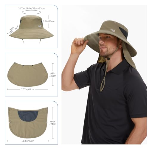 BASSDASH UPF 50+ Breathable Sun Hat with Removable Face Cover and Neck Flap Wide Brim Bucket Hat for Fishing Hiking Men Women - color: Khaki